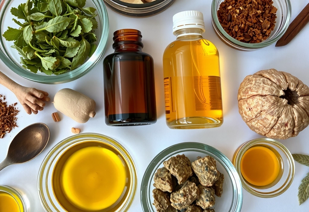 Close-up of natural ingredients like herbs, essential oils, and botanical extracts in glass containers, signifying purity and quality