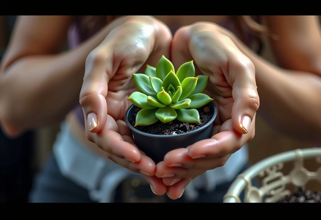 A person's hands holding a small, vibrant potted succulent plant.