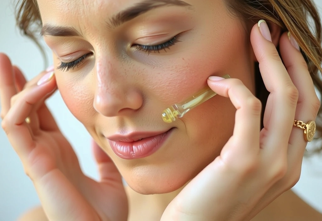 A woman applying a natural face serum, focusing on glowing skin.