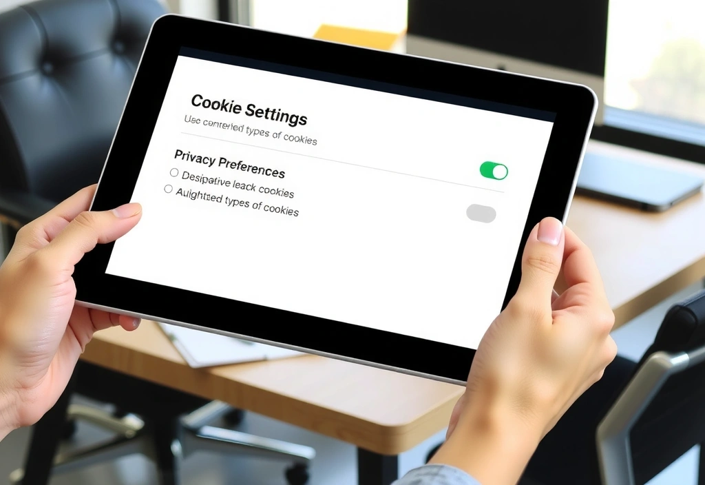A person reviewing cookie settings on a tablet, symbolizing user control over data privacy