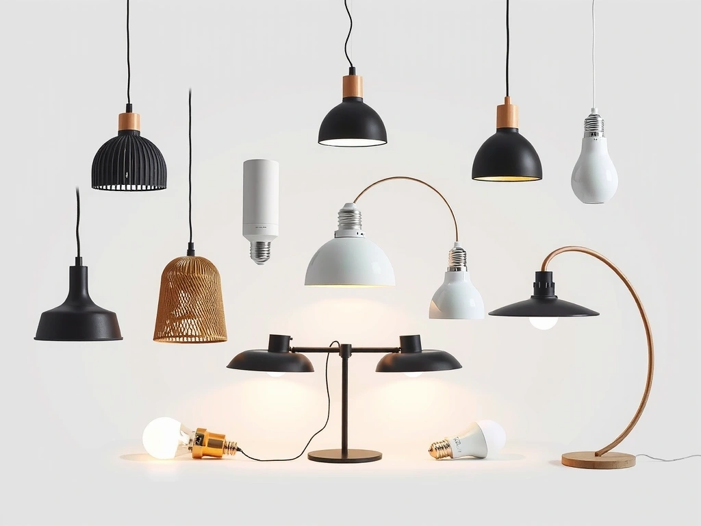 A diverse selection of modern lighting products arranged artistically.