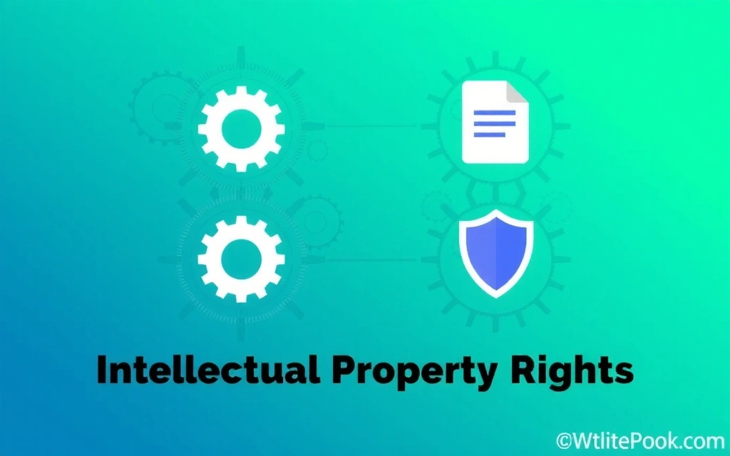 Abstract representation of intellectual property rights, with interlocking gears and document icons, symbolizing protection and ownership.